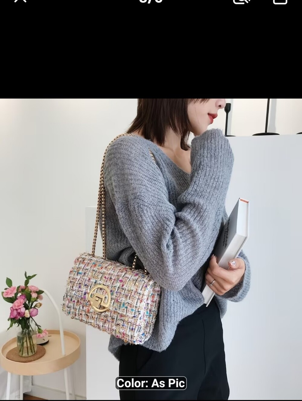New Textured Multi-Color Tweed Chain Shoulder Bag #1611-1089 - Picture 3 of 4